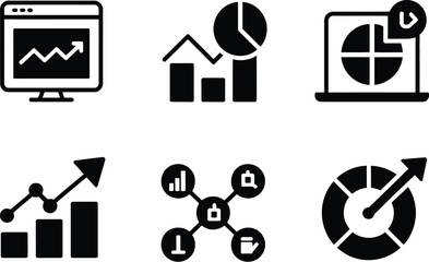 Illustration of six black business data analysis and graph icons set up