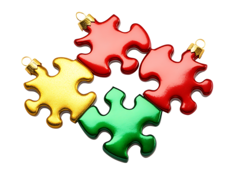 Four shiny metallic puzzle pieces in red gold and green isolated on transparent background - Powered by Adobe