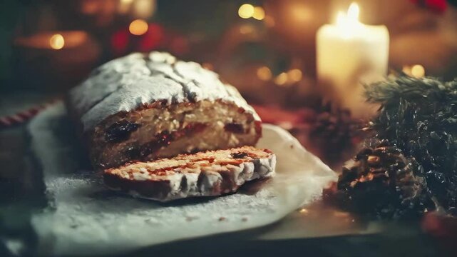Authentic German stollen bread with powdered sugar coating, sliced to reveal candied fruit and nuts inside, with a background of cozy Christmas decor, candlelight, rustic setting