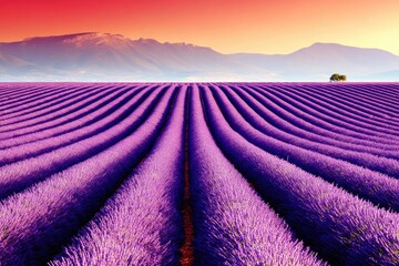 Vast lavender field at sunrise, rows extending to distant mountains