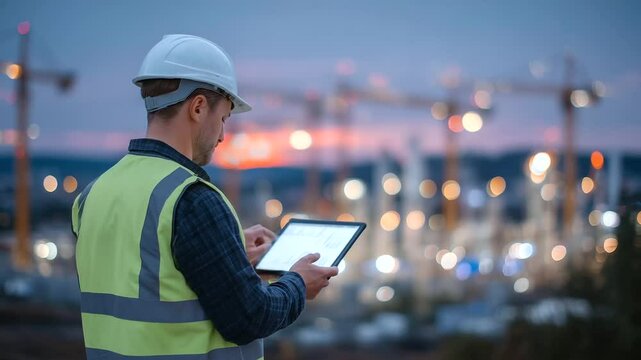 A rugged construction worker examining a tablet with thermal imaging on a steel frame structure, with infrared overlays highlighting structural heat patterns and energy loss points