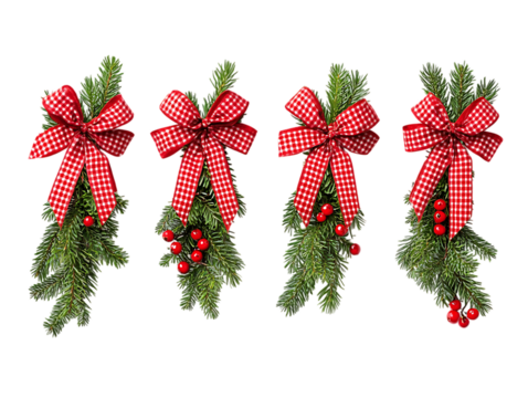 Four christmas pine sprigs with red gingham bows and berries isolated on transparent background - Powered by Adobe