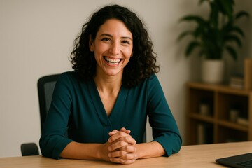 Confident Businesswoman Smiling at Desk, Friendly Office Vibe
