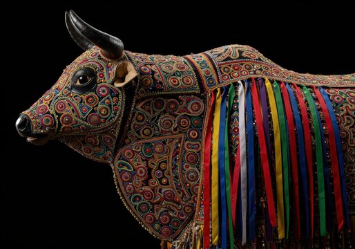 An ornate and colorful bumba meu boi costume