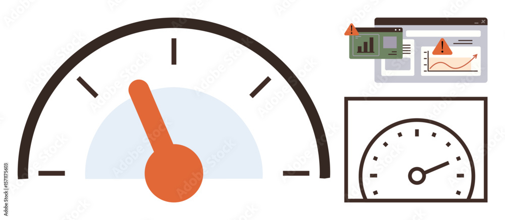 Poster speedometer gauge with orange needle, graphs with warning alerts, window view of progress. ideal for
