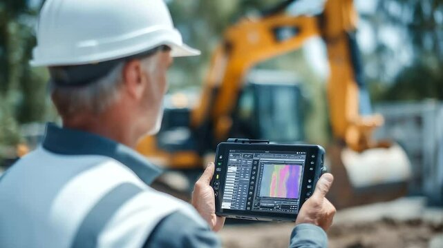 A focused shot of a worker&rsquo;s face reflected in the thermal imaging tablet screen, the infrared heat map showing energy efficiency data as construction machinery operates in the blu