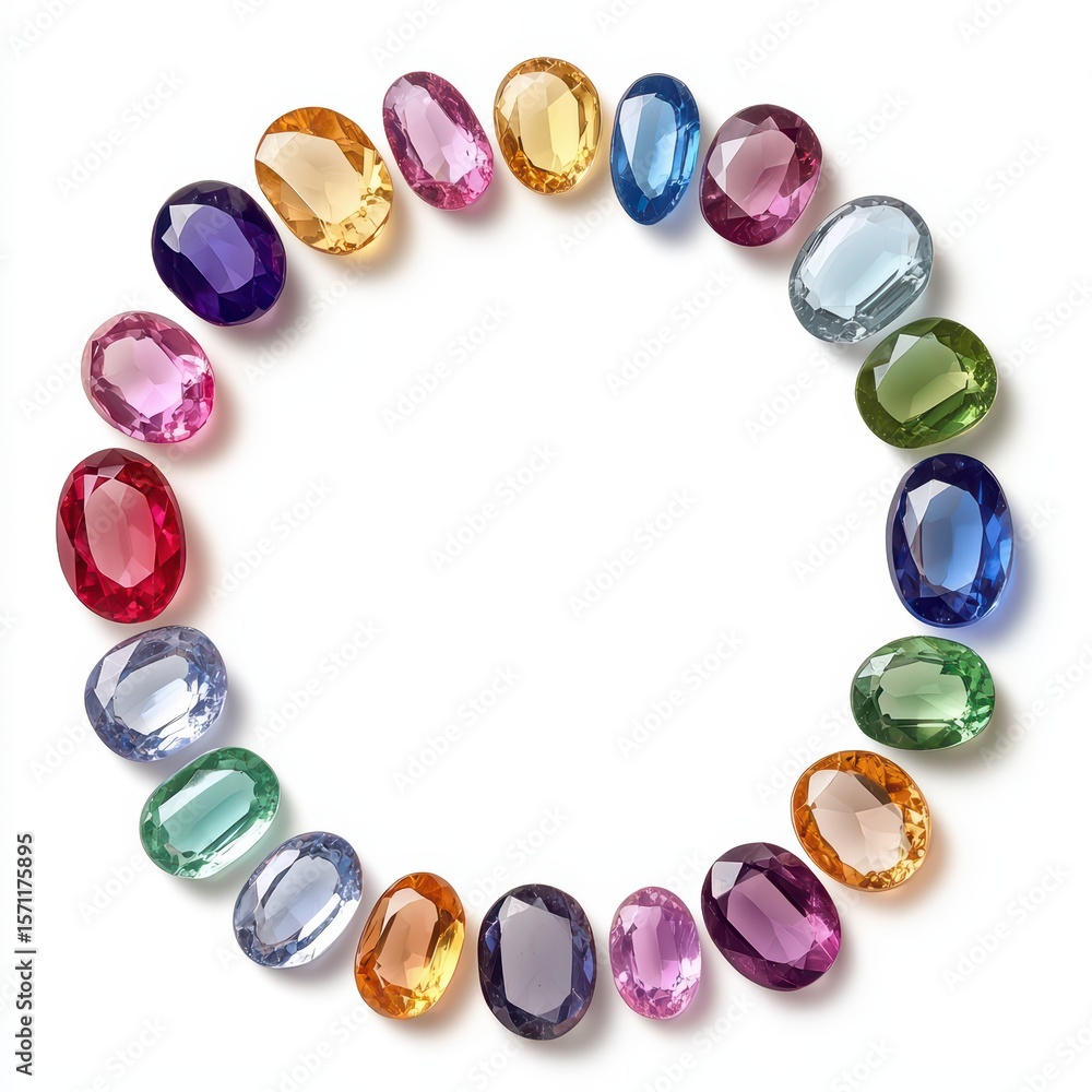 Aufkleber colorful arrangement of various gemstones displayed in a circular pattern on a white background