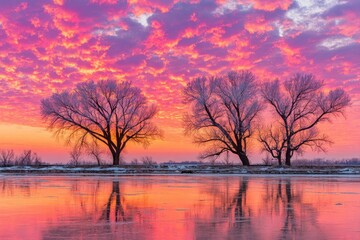 Obraz premium Winter sunrise over a frozen river. Silhouette of trees with frost, vibrant pink and orange sunrise reflected on ice-covered water