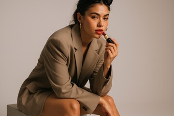 Confident Woman in Suit Sitting, Chic Boss Style Portrait
