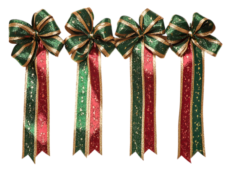 Four festive green and red glitter bows with gold trim isolated on transparent background