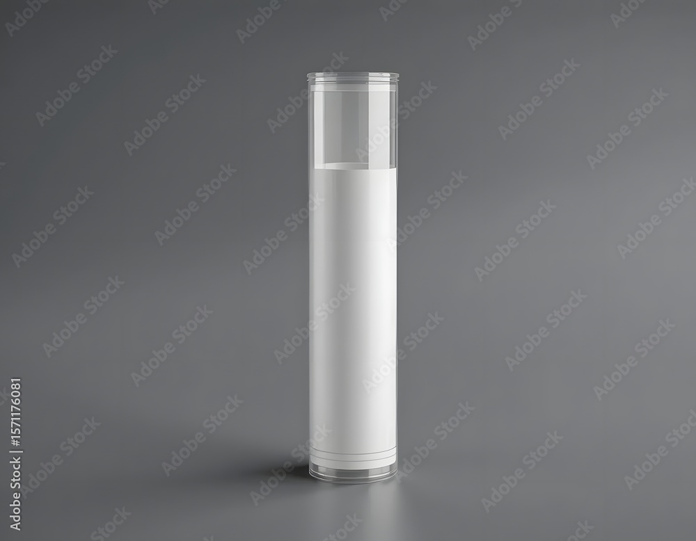 Poster a single white cylindrical object with clear top and bottom against a gray background in a studio sh