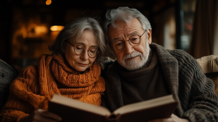 Elderly Couple Reading Book Together at Home 