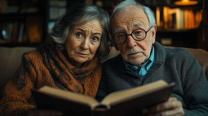 Elderly Couple Reading Book Together at Home 