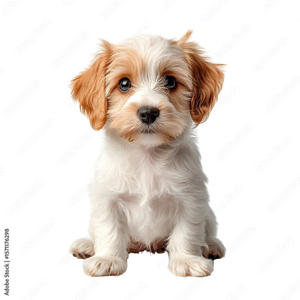 Poster a fluffy white and tan maltese puppy sitting and looking directly at the in a clean minimal studio s