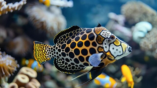 A vibrant aquarium scene showcases a Fish adorned with striking black spots orange and yellow highlights. The fish swims among corals with a blue backdrop.