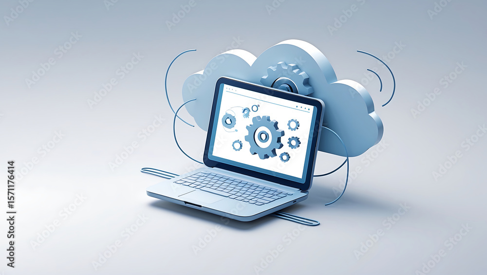 Poster cloud computing and technology connection with laptop and gear system concept