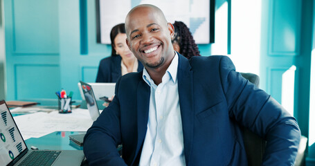 Portrait, employee and man in boardroom, smile and confident for financial growth in meeting or app. Happy, accountant and person with tech for data analysis, pride or ambition for career development