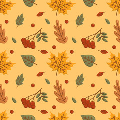 Seamless autumn pattern for warm and cozy design of the season. Leaves, rowan bunches, berries, maple, oak.