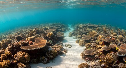 Vibrant Underwater Coral Reef with Sandy Path and Clear Blue Water