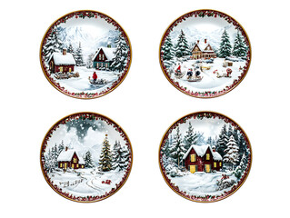 Four festive christmas plates featuring cozy winter scenes isolated on transparent background