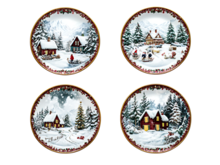 Four festive christmas plates featuring cozy winter scenes isolated on transparent background