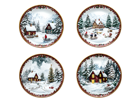 Four festive christmas plates featuring cozy winter scenes isolated on transparent background