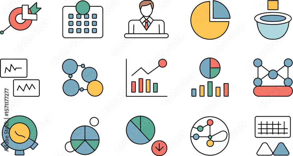 Poster a set of colorful data analytics icons for business reports