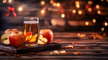Sparkling apple cider with apples and cinnamon on rustic wooden surface, with bokeh lights background