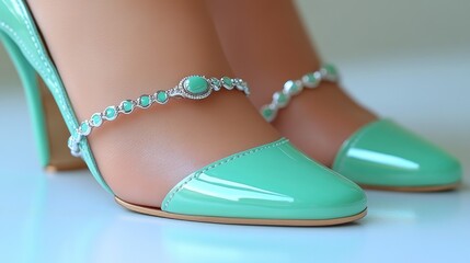 Obraz premium Close-up of mint green high heels with jeweled ankle straps