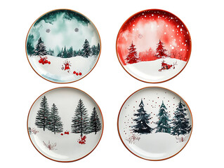 Four festive christmas plates with winter forest scenes isolated on transparent background