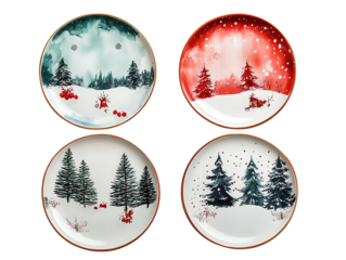 Four festive christmas plates with winter forest scenes isolated on transparent background