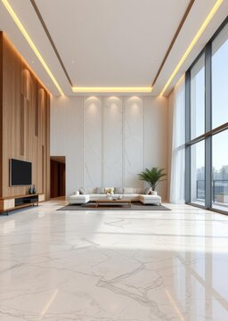 Spacious luxury living room with floor covered by epoxy resin floor looks like marble Empty room interior design architecture blank design room