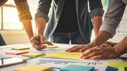A collaborative business team brainstorms design ideas, sketching on paper amidst charts and devices in a modern office workspace