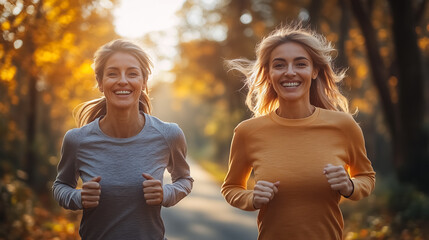 Two Happy Women Running in an Autumn Park