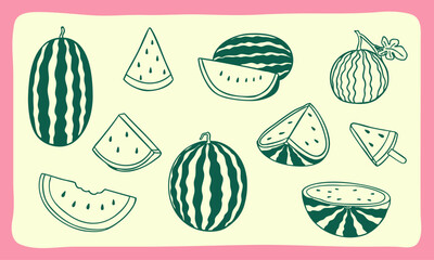 watermelon vector doodle illustration collection - hand drawn sketch style