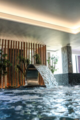 Modern indoor spa pool with natural lighting, tropical plants, and a waterfall feature. Stylish...