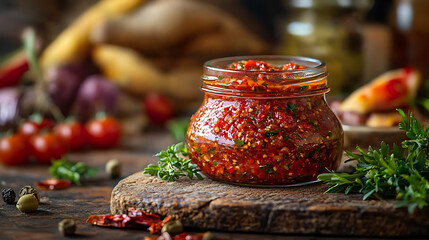 Ajvar relish in a glass jar on a wooden board with herbs and vegetables