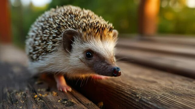 Curious hedgehog exploring wooden pathway in sunlit forest