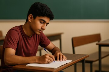 Focused Indian Student Writing in Classroom, Exam Preparation