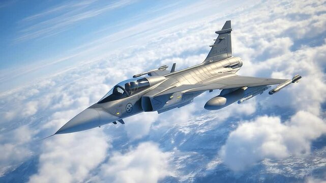 A Swedish Saab JAS  Gripen flying in clean formation with faint contrails above a sea of bright white clouds, the high-resolution image capturing every rivet and aerodynamic curv