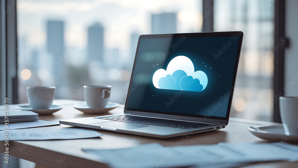 Poster laptop displaying cloud computing symbol with coffee cups on a work desk concept