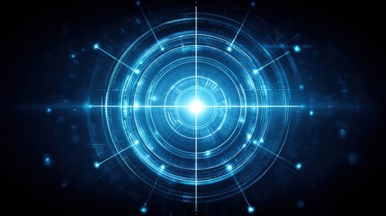 Obraz premium Digital marketing insight concept. A glowing blue futuristic digital target or interface with concentric circles and radiating light beams on a dark background.