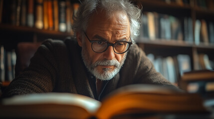 Distinguished Senior Man Reading in a Home Library

