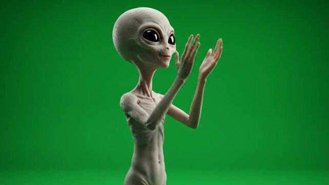 Alien applauding in front of green screen: An extraterrestrial being, humanoid in form, joyfully claps its hands in a vibrant green environment. 