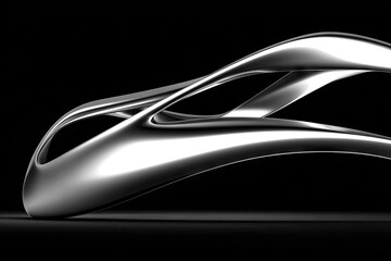 Obraz premium Abstract metallic form, sleek and flowing. A silver, polished metal object, with curves and intersecting lines, rests on a dark surface