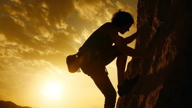 Determined climber scales rocky cliff at sunset embracing adventure and nature's challenges