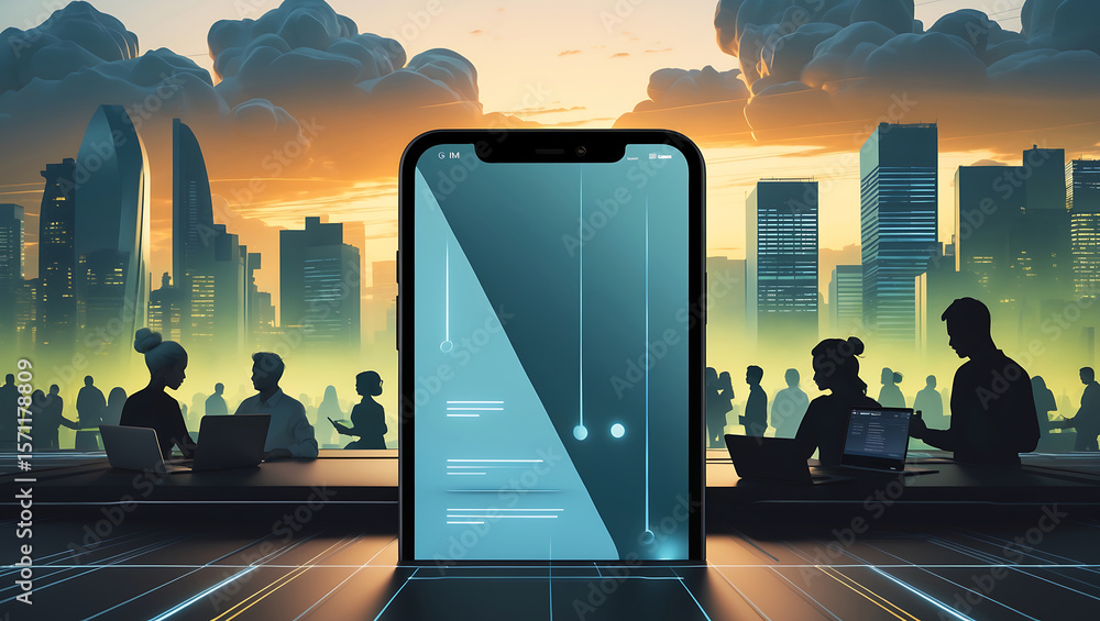 Poster modern business concept showing app displayed on smartphone with cityscape backdrop