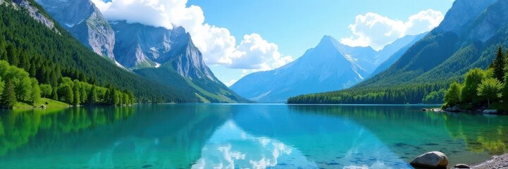 Crystal clear lake nestled in majestic mountains under a vibrant blue sky , blue sky, clear water, calm