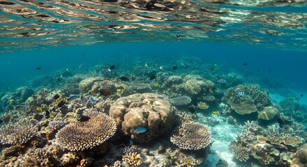 Fototapeta premium Vibrant Coral Reef Underwater: Diverse Marine Life in Clear Blue Ocean with Visible Water Surface