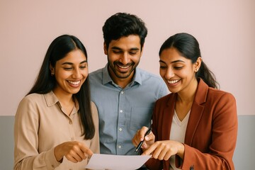 Happy Indian Team Analyzing Paperwork, Modern Office Collaboration